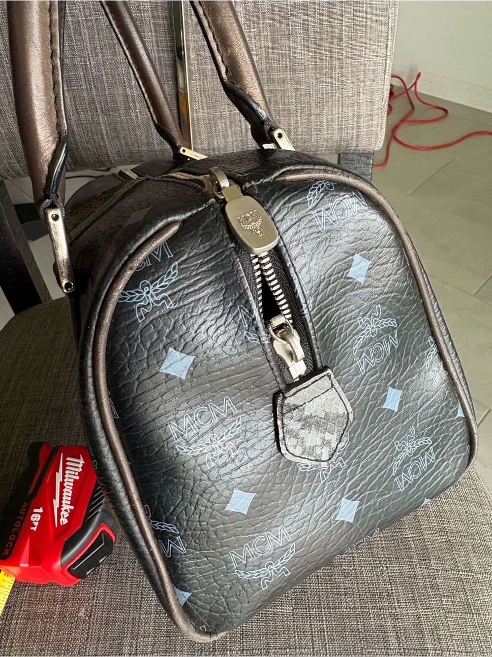 MCM Black Leather Logo Satchel with Brown Handles and Gold Hardware